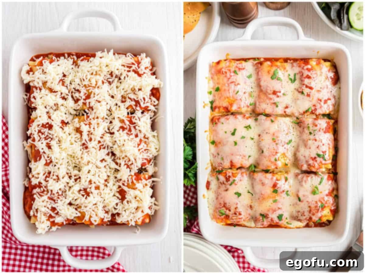 A two-panel collage showing the final stages of preparation: first, a generous layer of mozzarella cheese sprinkled over the lasagna rolls in the dish; second, the fully baked and bubbly lasagna rolls, still in the baking dish, just out of the oven.