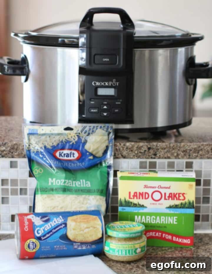 Ingredients laid out: a can of refrigerated biscuits, a stick of margarine, a jar of minced garlic, and a bag of shredded mozzarella cheese.