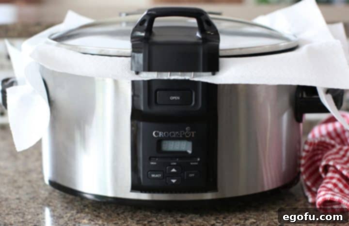 A paper towel placed carefully under the lid of a slow cooker to absorb condensation.
