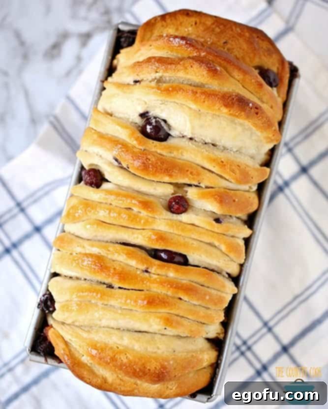 Heavenly Blueberry Tear & Share 9 Blueberry Pull Apart Bread, fully baked, golden brown topped with sugar.
