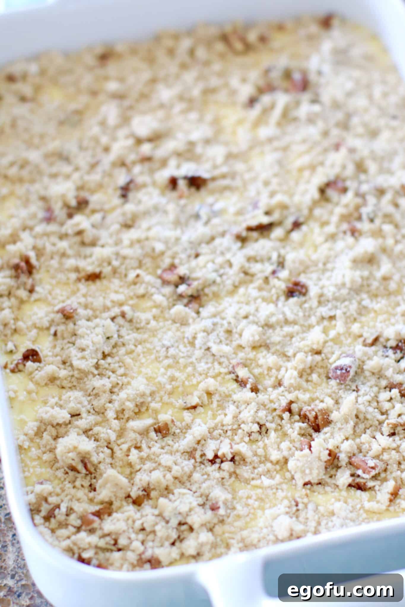 Sunshine Pineapple Crumb Cake 8 Pecan crumb topping sprinkled on prepared lemon and pineapple cake mix batter