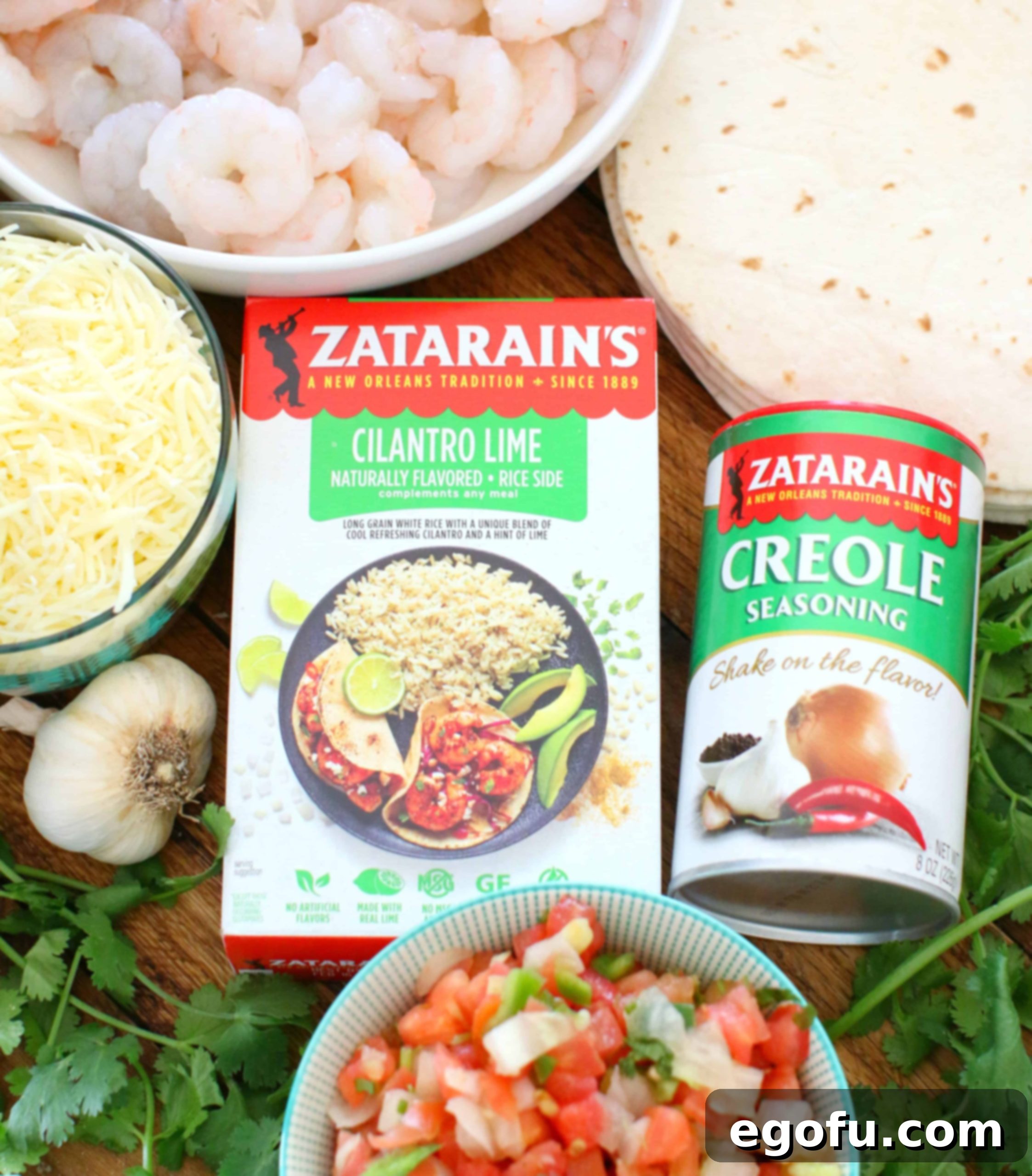 fresh shrimp, mozzarella cheese, pico de Gallo, flour tortillas, cilantro, Zatarain's Cilantro Lime Rice, Zatarain's Creole Seasoning, garlic.