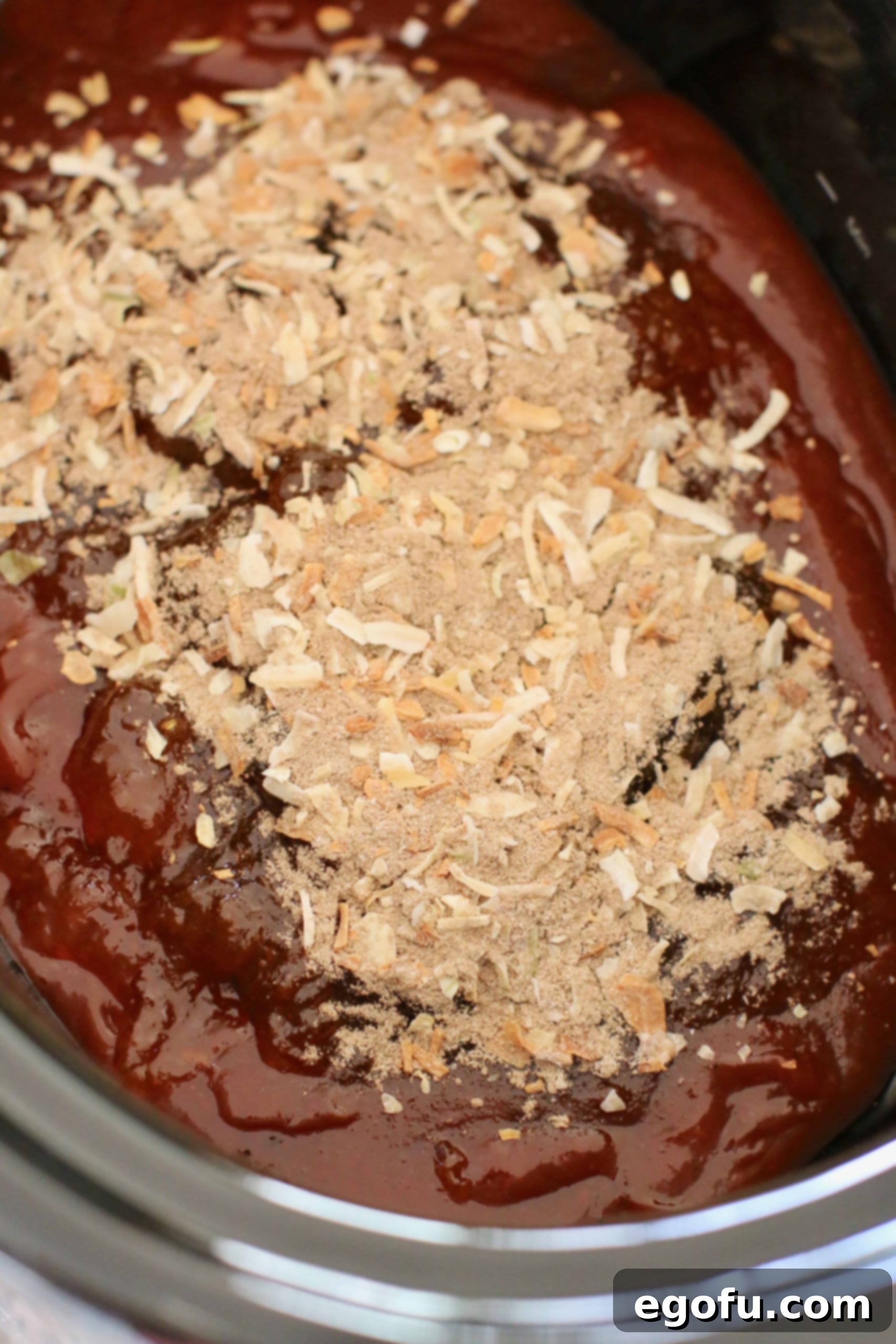 barbecue sauce, apricot preserves and onion soup mix in the bottom of a 5-quart oval crock pot.