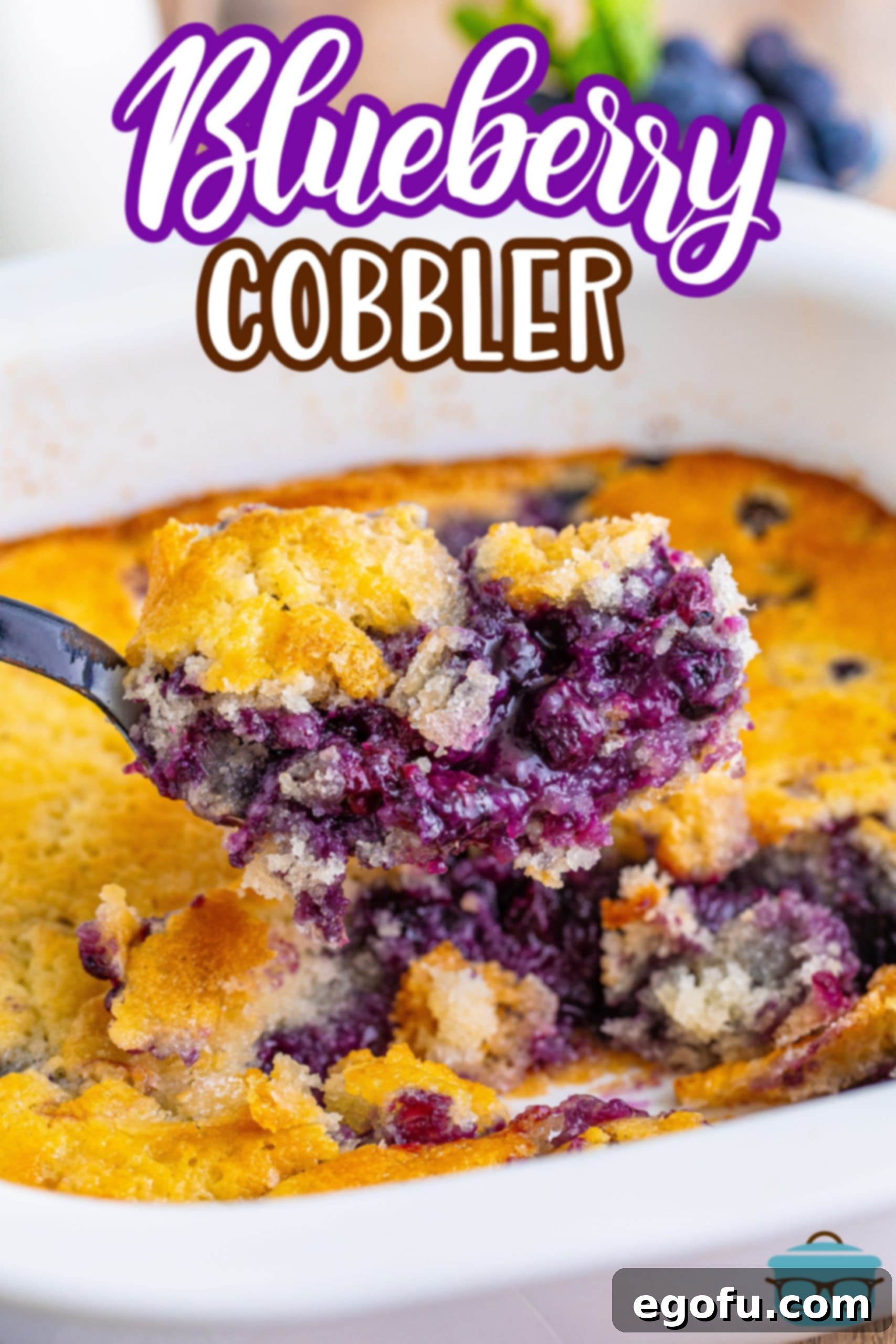 a serving spoon holding up some blueberry cobbler over the baking dish. 