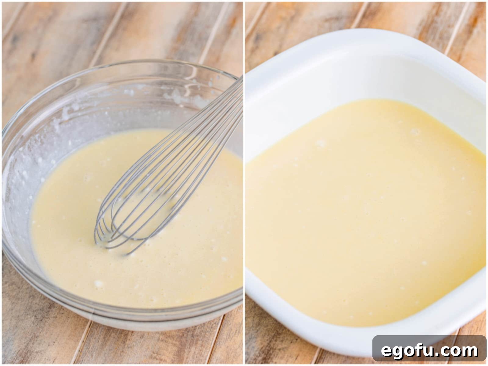 collage of two photos: vanilla extract added to batter and whisk stirring it; cobbler batter added to baking dish. 