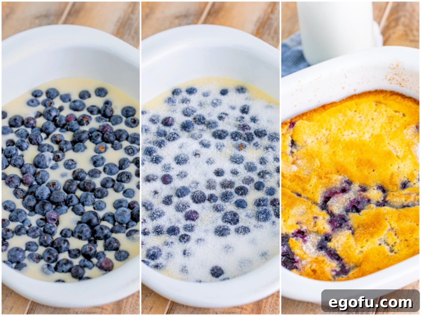 collage of three photos: blueberries added on top of batter; sugar sprinkled on top of blueberries; fully baked blueberry cobbler. 