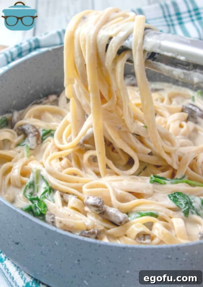 Creamy Garlic Parmesan Fettuccine Alfredo 2 Creamy Garlic Fettuccine Alfredo with spinach and mushrooms in a large skillet.