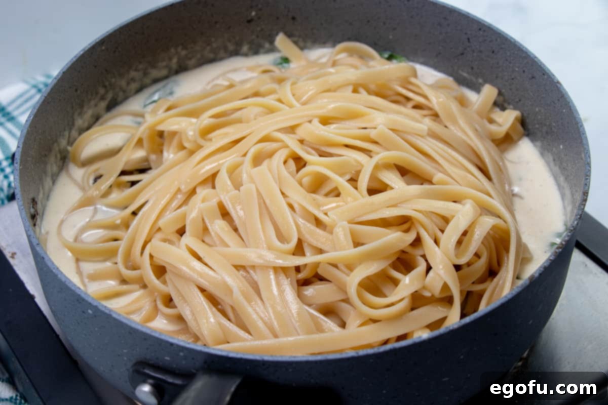 Creamy Garlic Parmesan Fettuccine Alfredo 9 cooked fettuccine noodles and cooked baby Bella mushrooms added to creamy garlic sauce.
