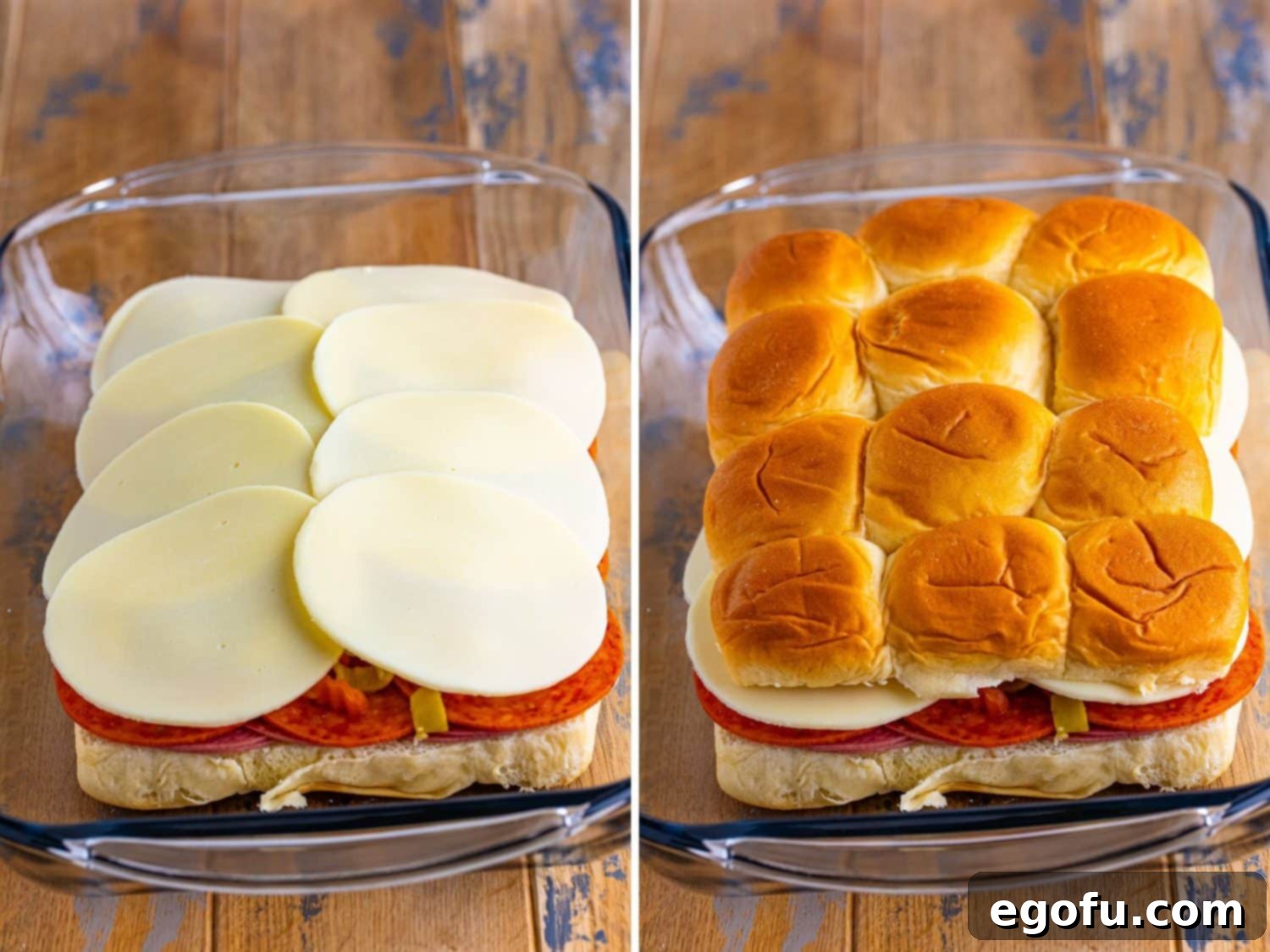 An assembled slider sandwich without the top bun, showing the layers of ingredients, followed by an image of fully layered Italian sliders.