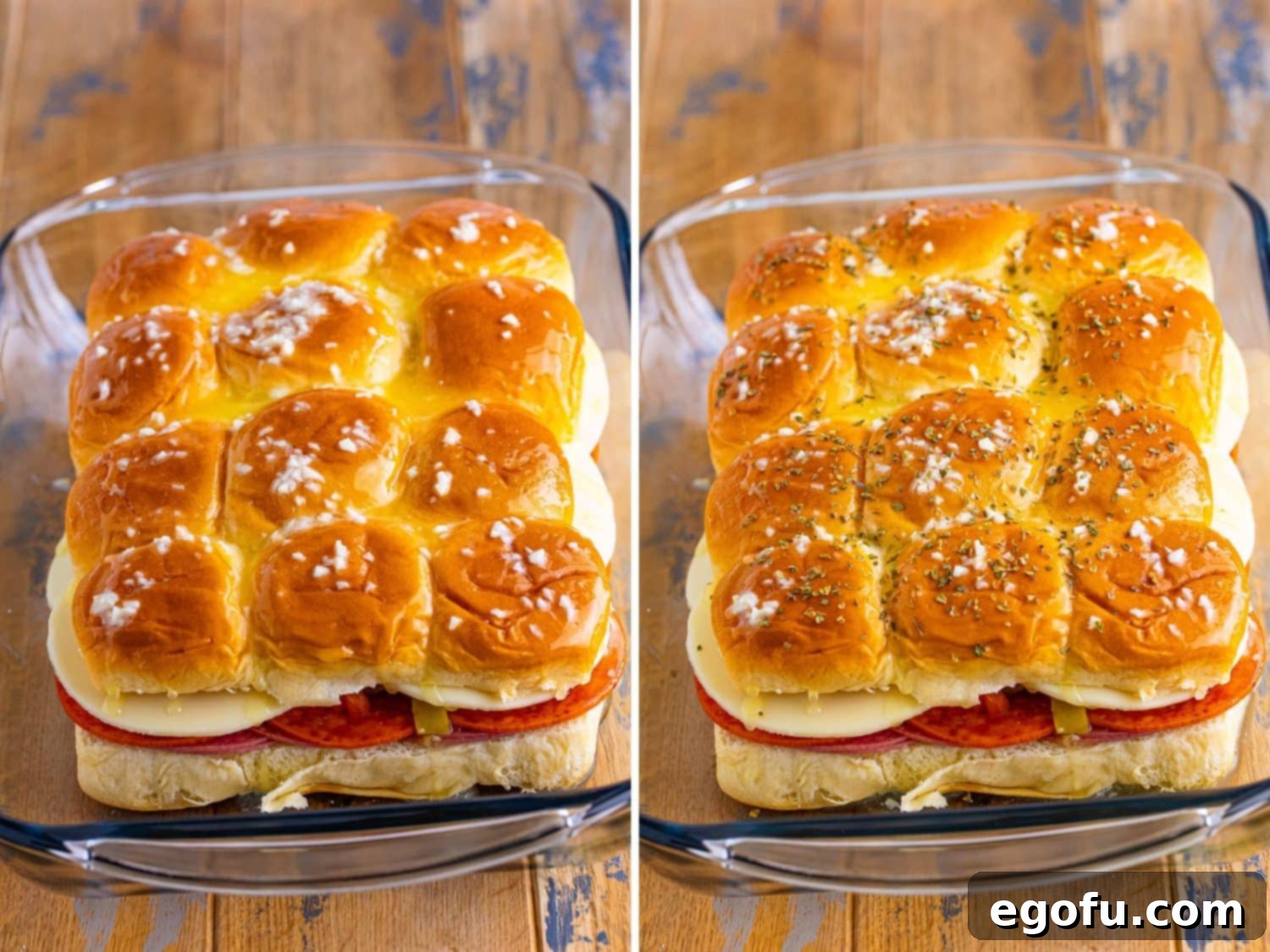Unbaked sliders with a garlic butter glaze, and another image showing sliders sprinkled with oregano on top.