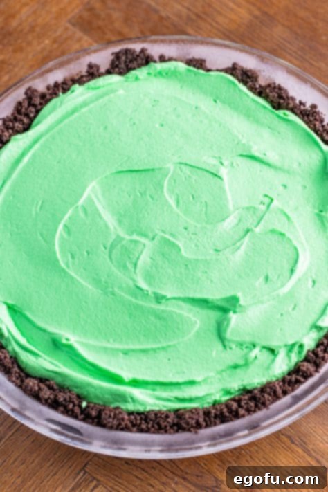 Mini chocolate chips added on top of grasshopper pie.