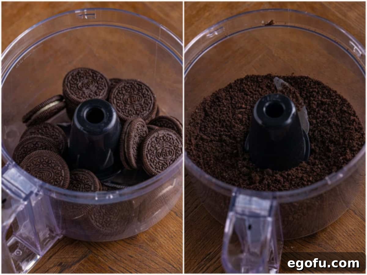 A collage of two photos: Oreo cookies being added to a food processor, and then the same cookies finely crushed inside the processor.