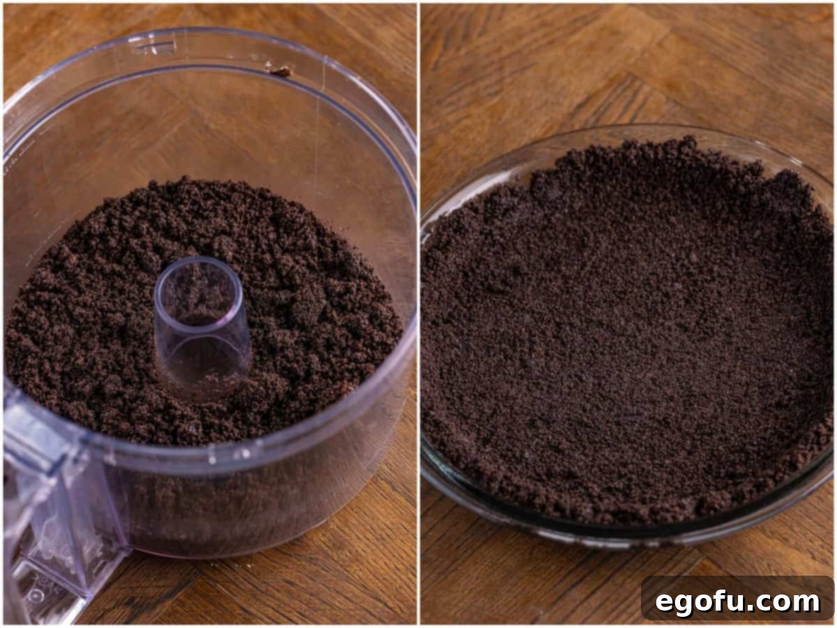 A collage of two photos: Melted butter being poured into crushed Oreo cookies in a food processor, and the resulting crumb mixture being pressed firmly into a pie pan.