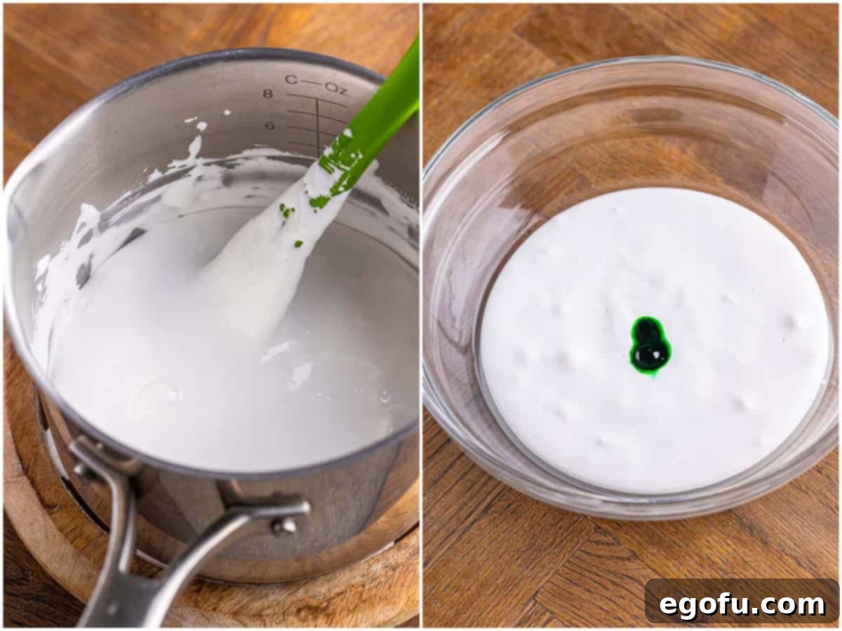 A collage of two photos: Marshmallow fluff melting in a saucepan, and green food coloring being stirred into the melted fluff in a bowl.