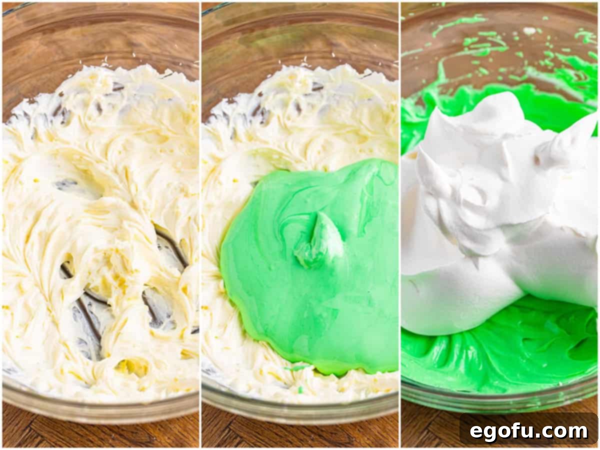 A collage of three photos: Smooth, beaten cream cheese in a bowl; the green marshmallow fluff mixture being added to the cream cheese; and finally, whipped topping being folded into the combined green mixture.