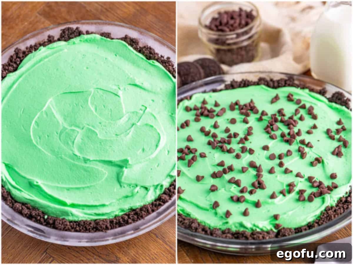 A collage of two photos: The vibrant green grasshopper pie filling being poured into the Oreo pie crust, and then mini chocolate chips being sprinkled generously over the top of the pie.