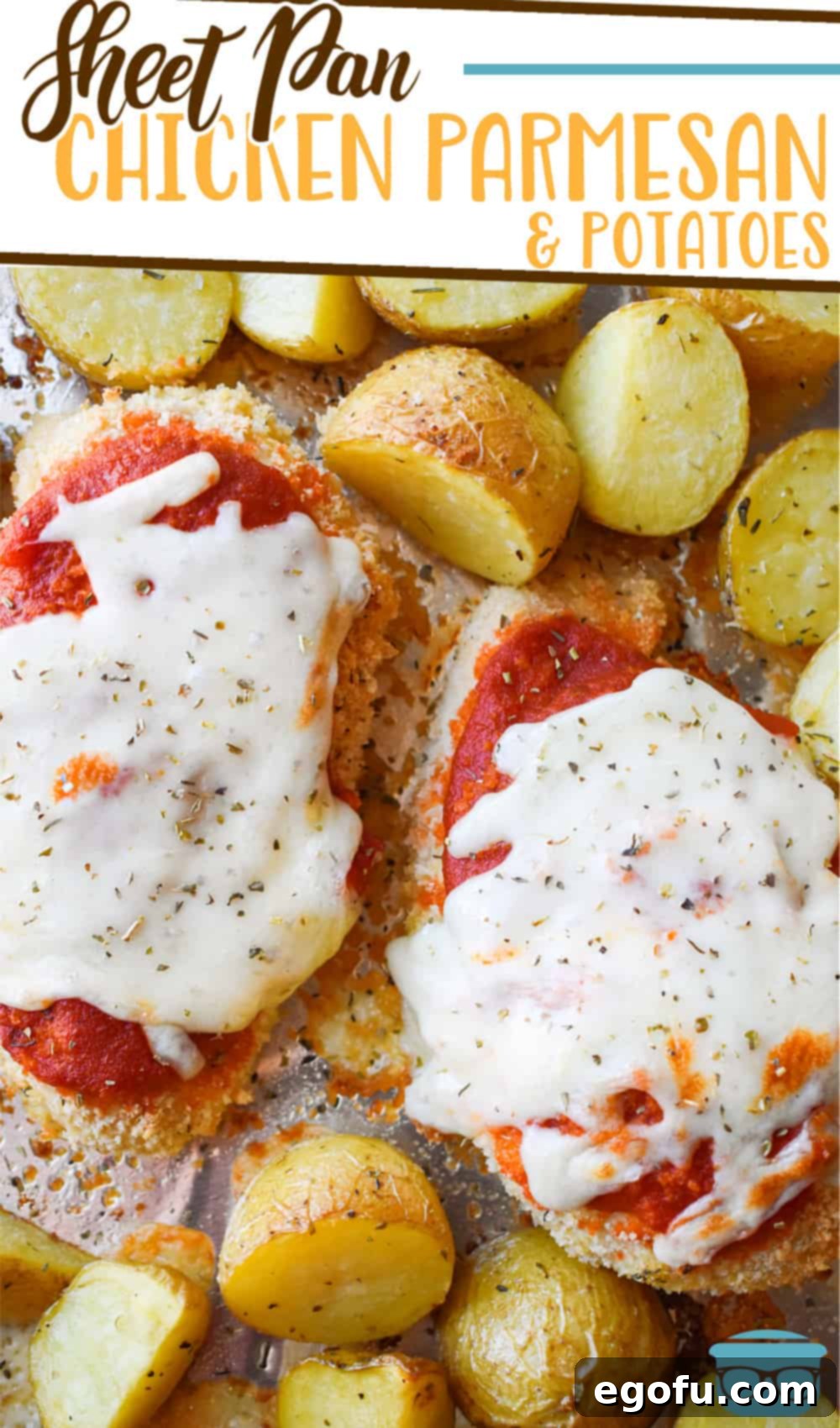 Sheet Pan Chicken Parmesan and Potatoes recipe from The Country Cook, pictured is cooked breaded chicken topped with marinara sauce and melted cheese.