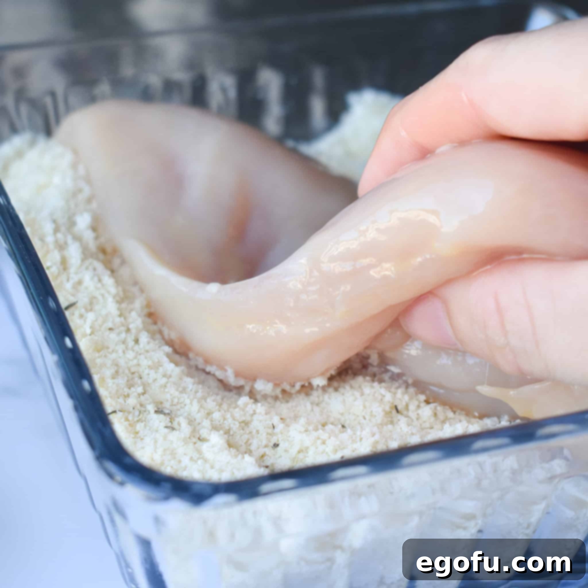 dipping coated chicken into panko bread crumbs.