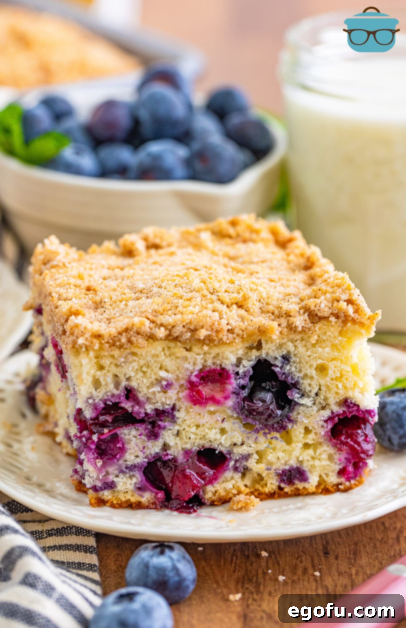 Sweet Blueberry Streusel Cake 2 A perfectly sliced piece of blueberry buckle sits invitingly on a white plate, with a scattering of fresh blueberries in the background. The golden-brown crumb topping and plump blue berries are visible within the tender cake.