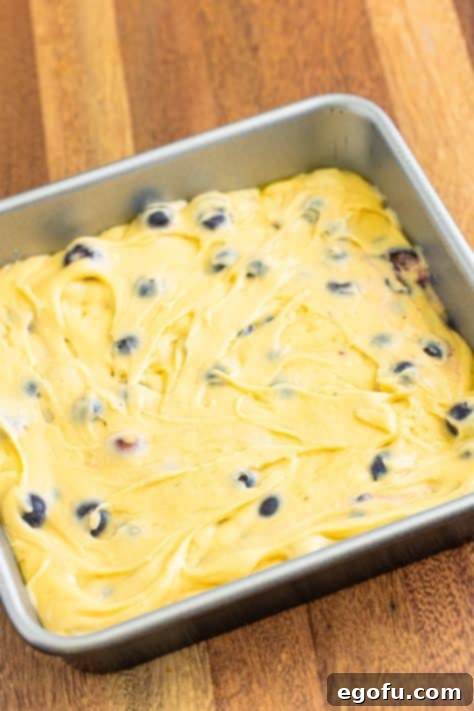 Sweet Blueberry Streusel Cake 16 The blueberry buckle batter is spread smoothly into a square cake pan, ready for the topping.