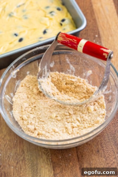 Sweet Blueberry Streusel Cake 18 A pastry cutter is used to blend butter into the crumble mixture in a bowl, creating a perfect streusel texture.