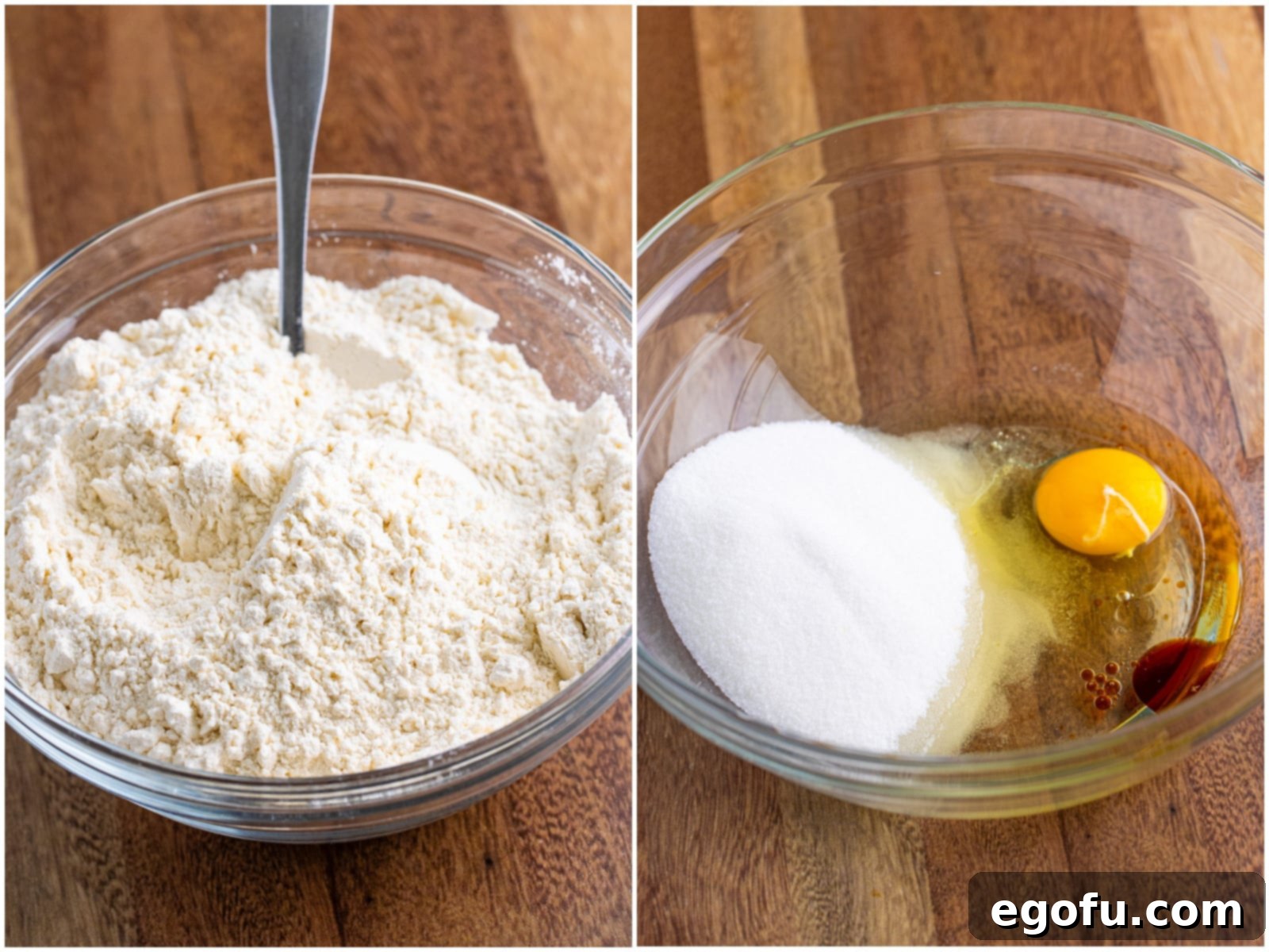 Sweet Blueberry Streusel Cake 5 A two-part collage showing the initial steps: on the left, a bowl with flour, salt, and baking powder being mixed with a fork; on the right, a bowl containing eggs, oil, and sugar ready for beating, illustrating the preparation of wet and dry ingredients.