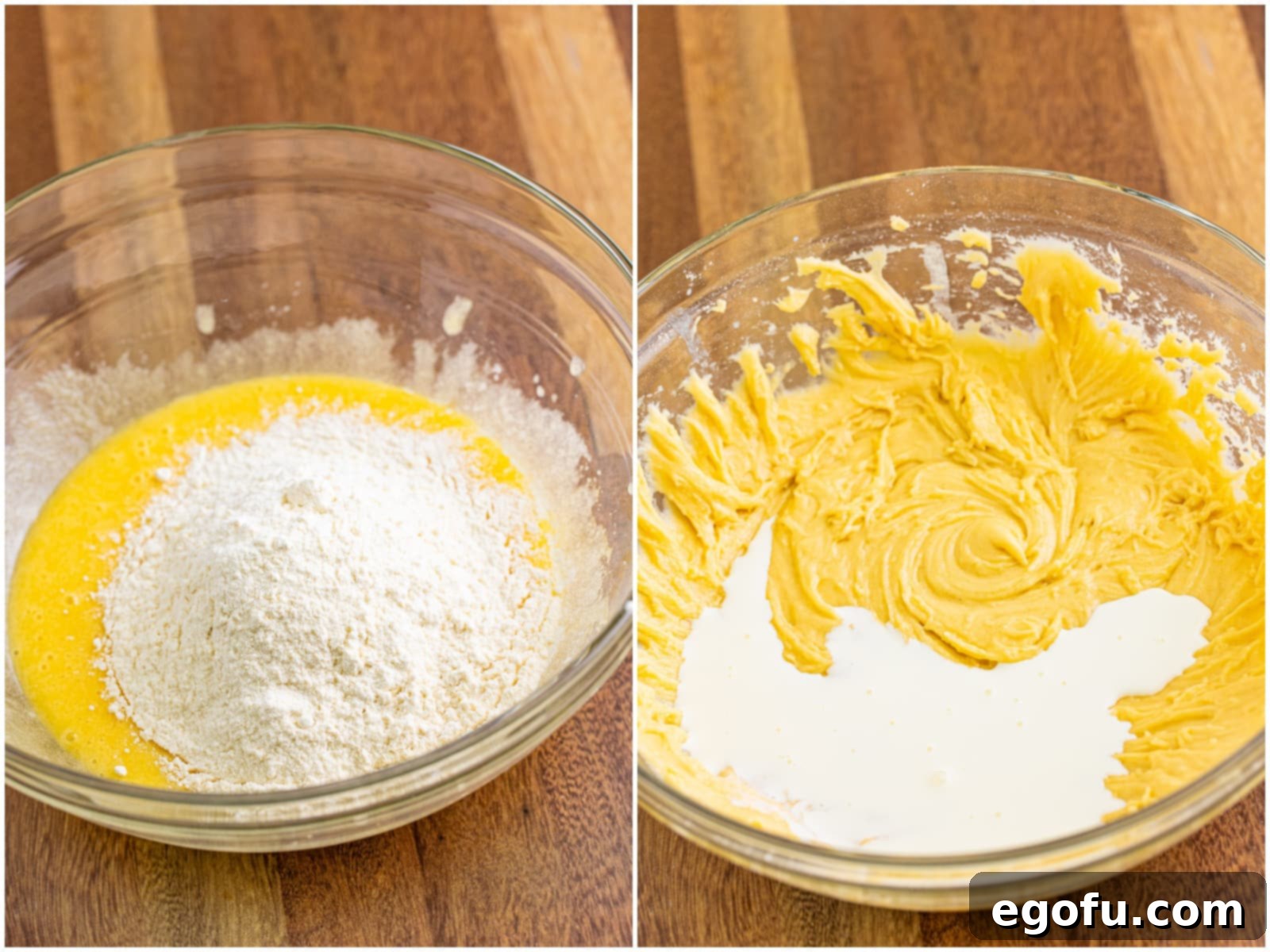 Sweet Blueberry Streusel Cake 6 A two-panel image illustrating the batter preparation: the first panel shows flour being added to the sugar mixture, and the second shows half and half being gently poured into the cake batter in a bowl, demonstrating the alternating addition technique.