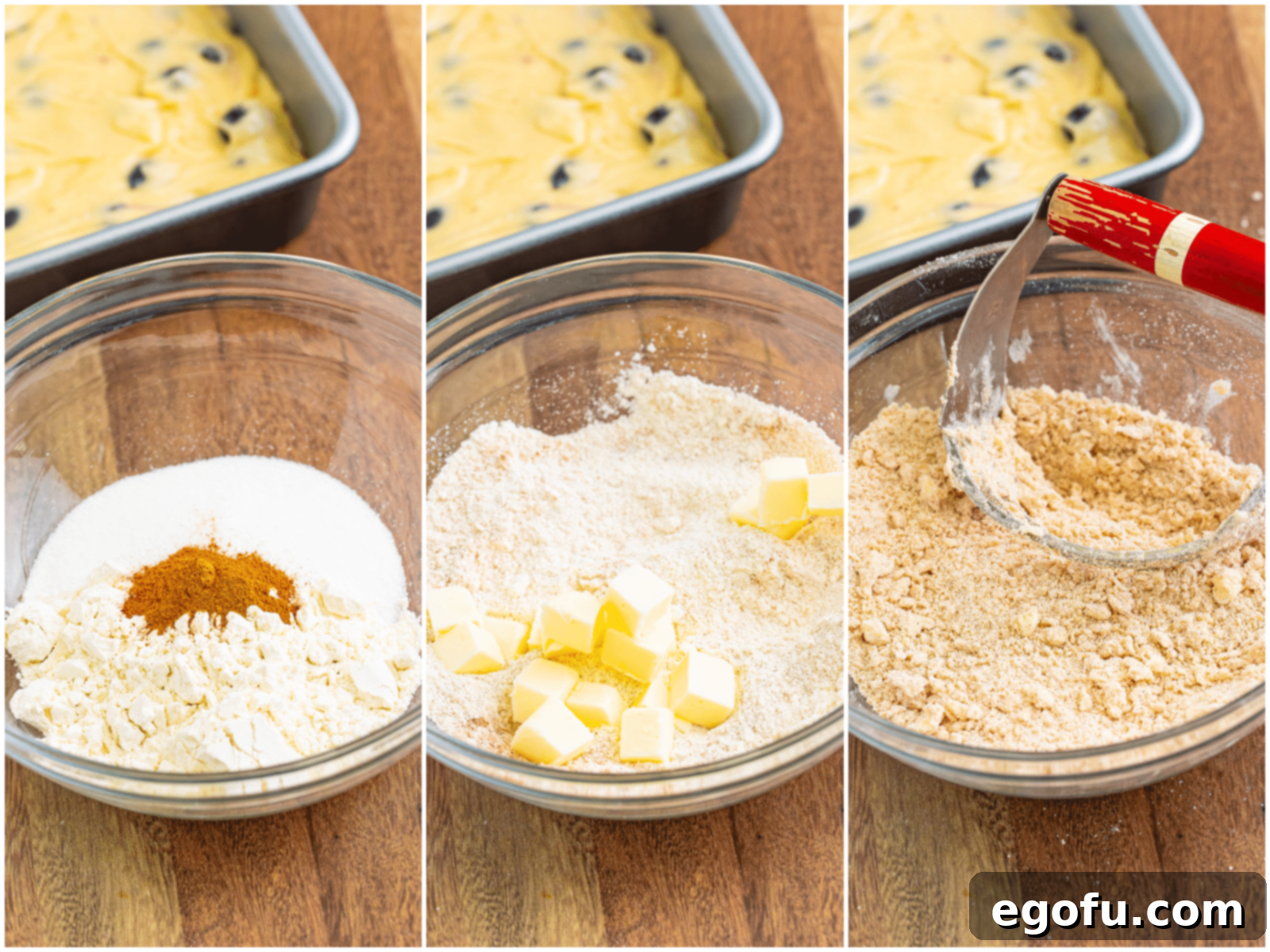 Sweet Blueberry Streusel Cake 8 A three-panel collage demonstrating the making of the crumble topping: a bowl with cinnamon, sugar, and flour; cubed butter added to the mixture; and a pastry cutter working the butter into the dry ingredients, achieving a crumbly texture.