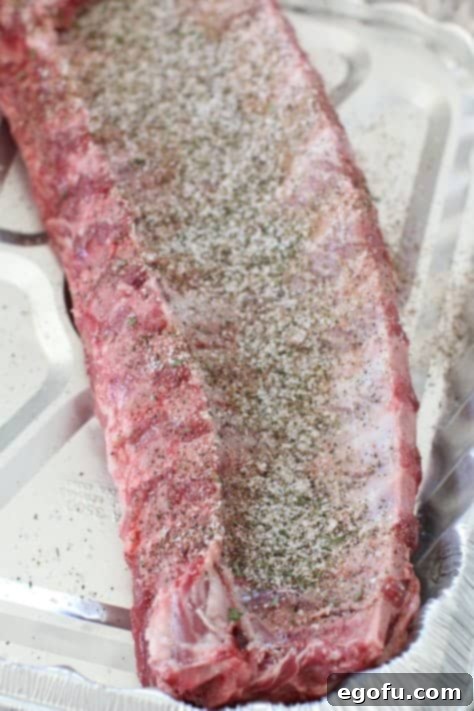 rub in pork bbq rub seasoning on rack of pork ribs.