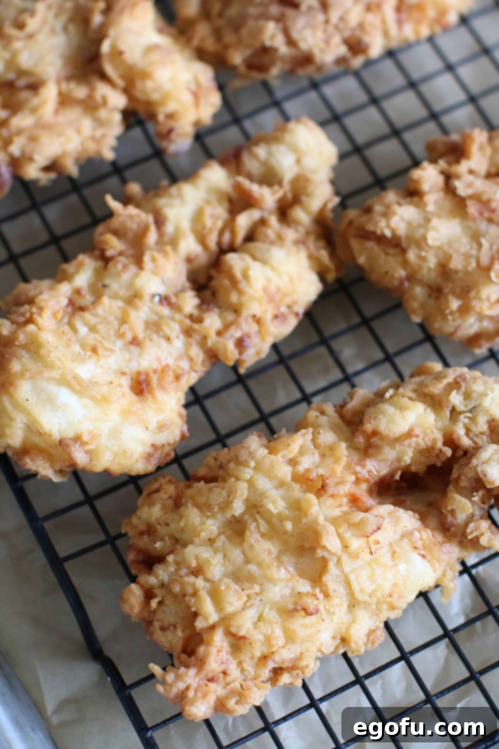 Freshly fried chicken breast cooling on a wire rack set on a baking sheet.