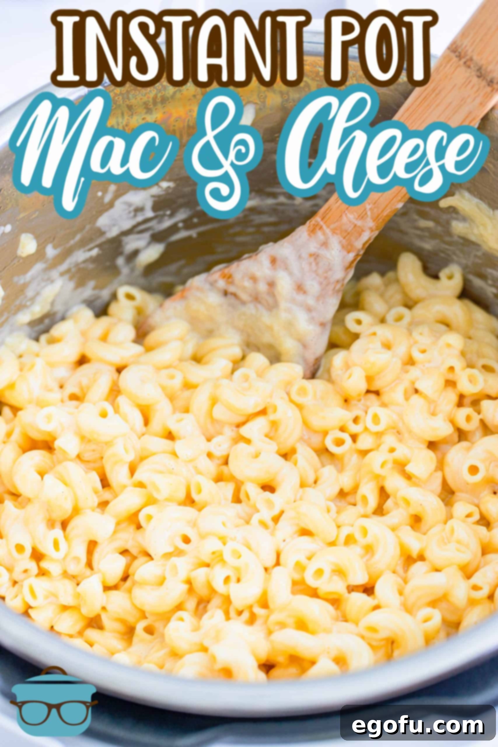 Instant Pot Macaroni and Cheese recipe from The Country Cook, macaroni shown in the instant pot with a wooden spoon, highlighting the ease of cooking.
