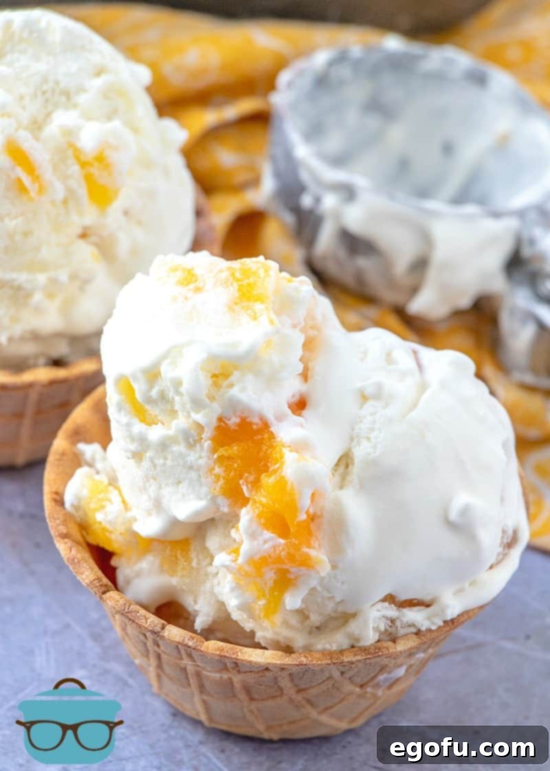 Easy Peach Ice Cream in a waffle bowl