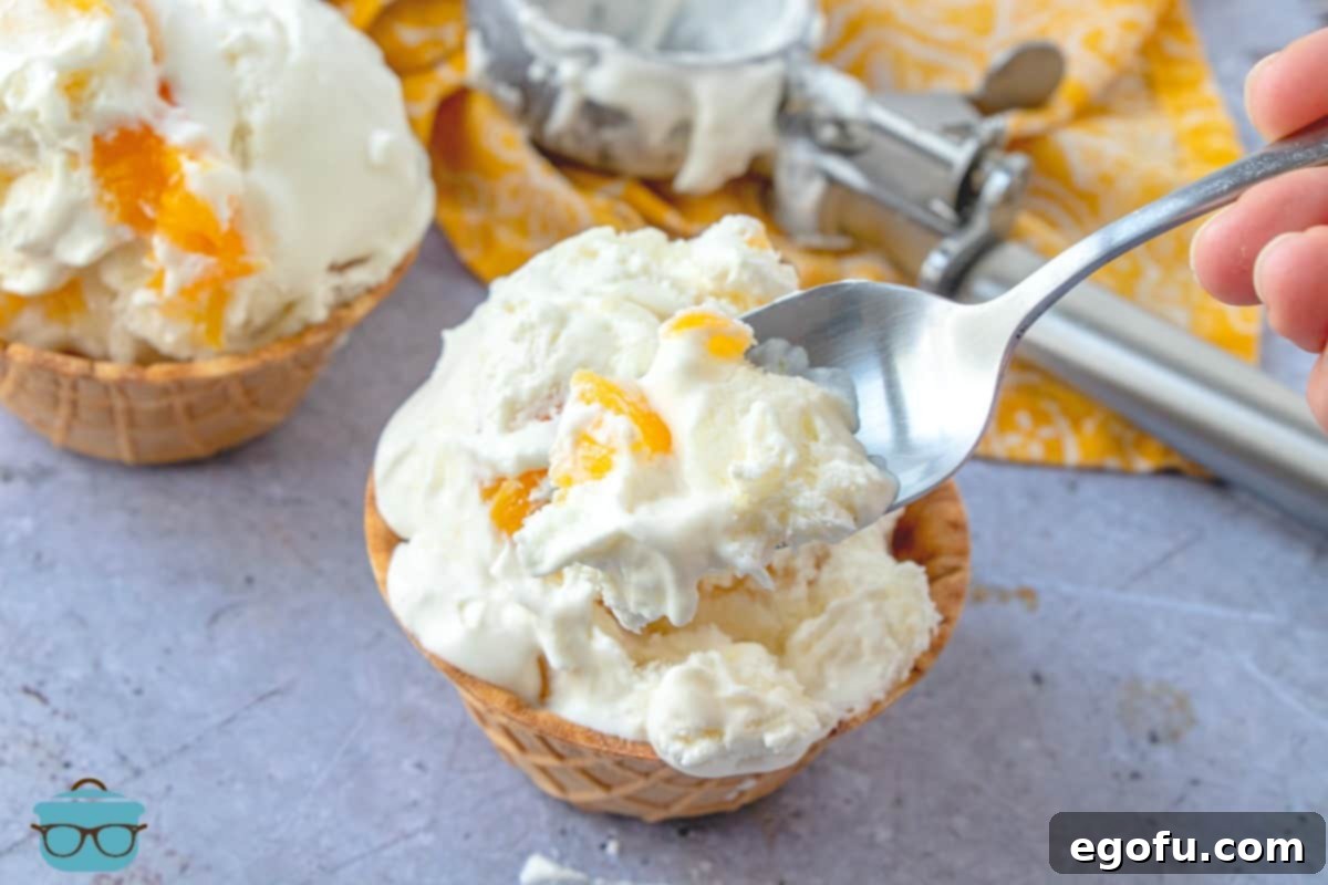 No-Churn Peach ice cream in waffle bowls