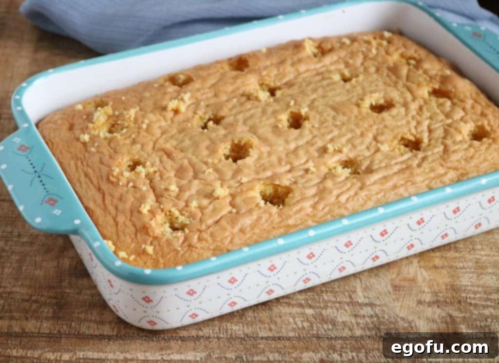 A baked yellow cake, perfectly golden, with holes poked evenly across its surface, ready for the pudding infusion.