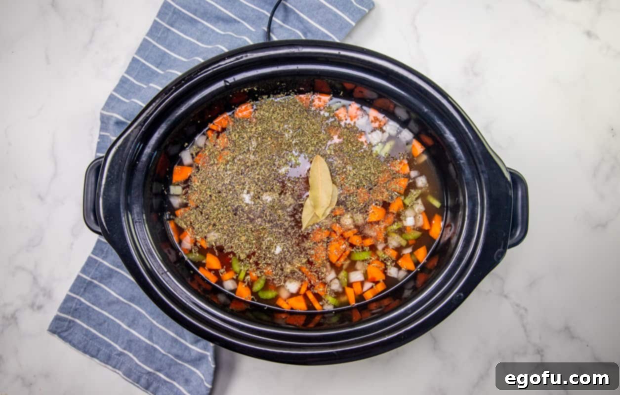 chicken, celery, onions, carrots, seasoning, chicken stock, fire roasted diced tomatoes and bay leaves added into the bottom of an oval slow cooker.