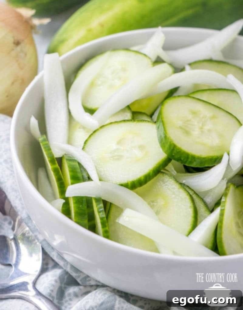 Sliced cucumbers and onion marinating in vinegar in a covered bowl, chilling in the refrigerator.