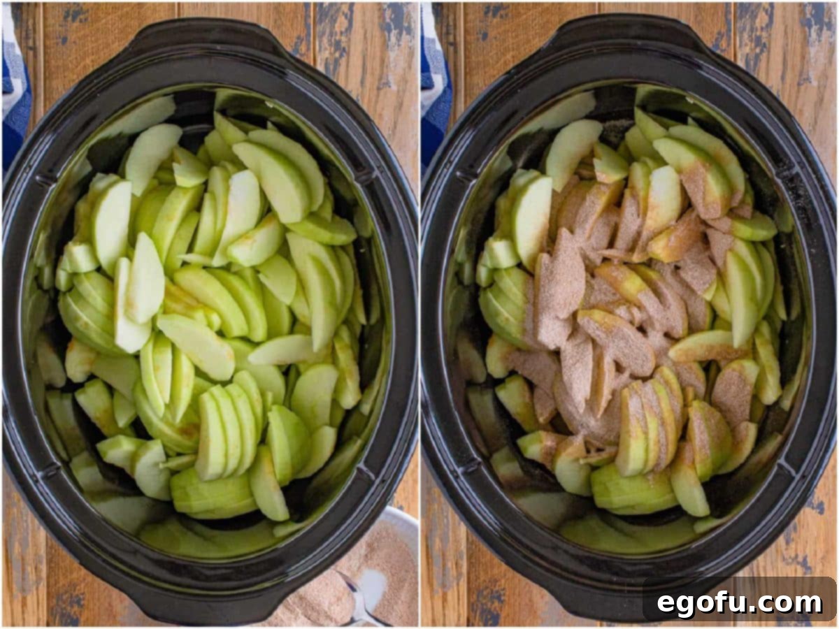 Warm Slow Cooker Apple Crumble 5 A collage showing sliced green apples in a slow cooker, and then the cinnamon sugar mixture being sprinkled over them.