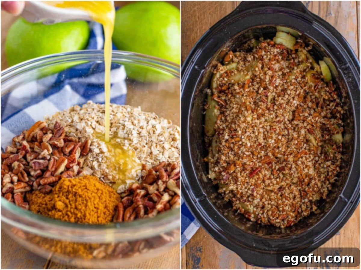 Warm Slow Cooker Apple Crumble 6 A collage showing the gingersnap, oat, pecan, and butter mixture in a bowl, and then being sprinkled over the apples in the slow cooker.