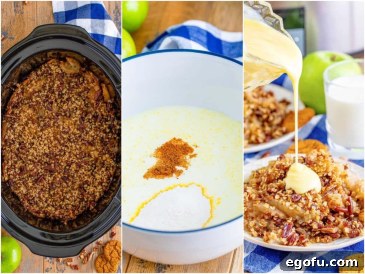 Warm Slow Cooker Apple Crumble 7 A collage showing the cooked apple crisp in the slow cooker, the vanilla pudding mixture in a bowl, and then pouring the warm vanilla sauce over a serving of apple crisp.