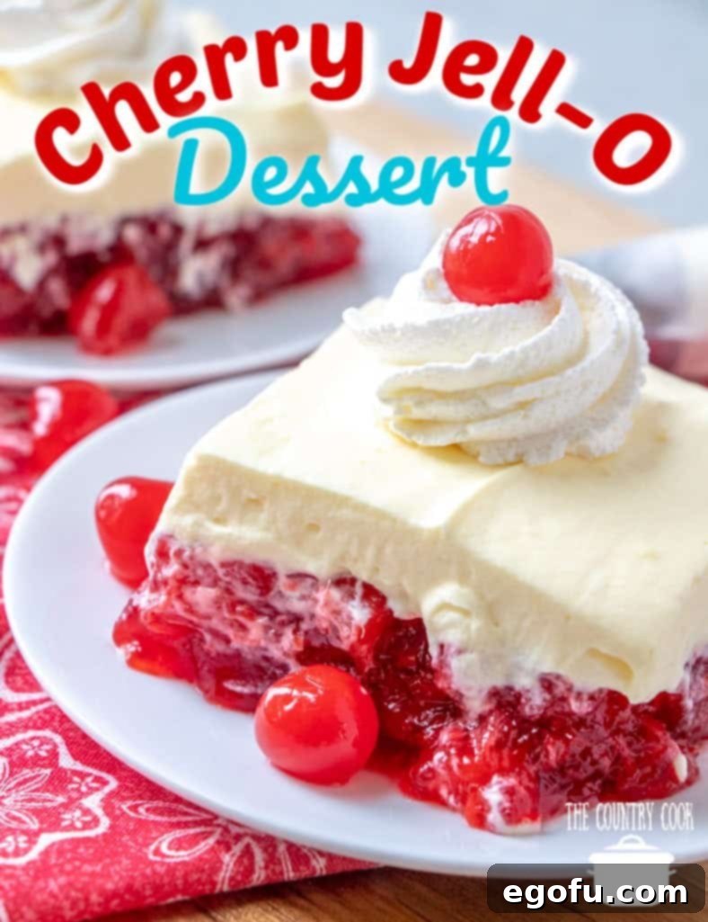 No Bake Cherry Jell-O Dessert recipe from The Country Cook #cherry #jello #gelatin #nobake #dessert #easy #recipes #ideas #simple #cherrypie 