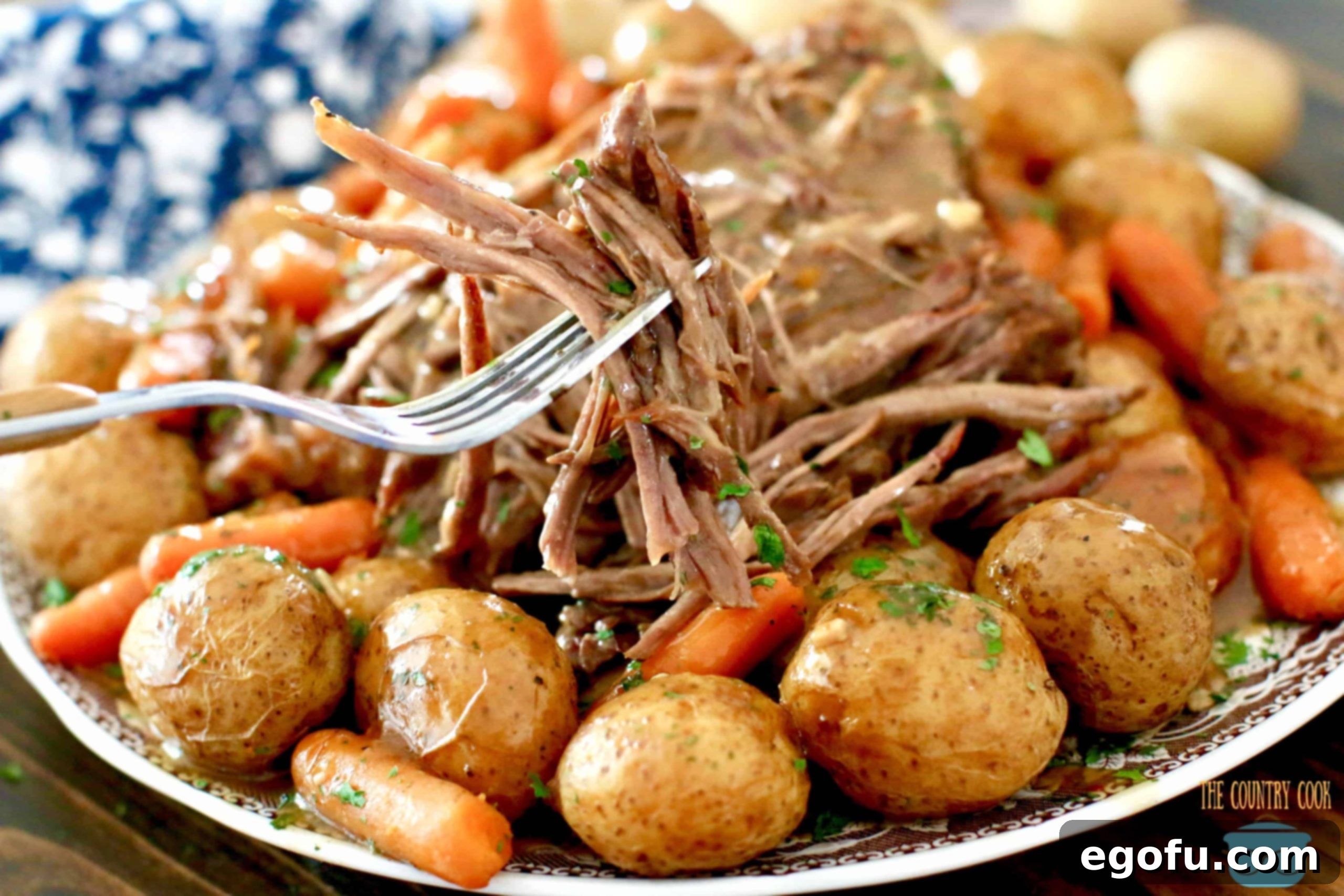 Electric Pressure Cooker Beef Pot Roast with potatoes and carrots and gravy shown on a plate.