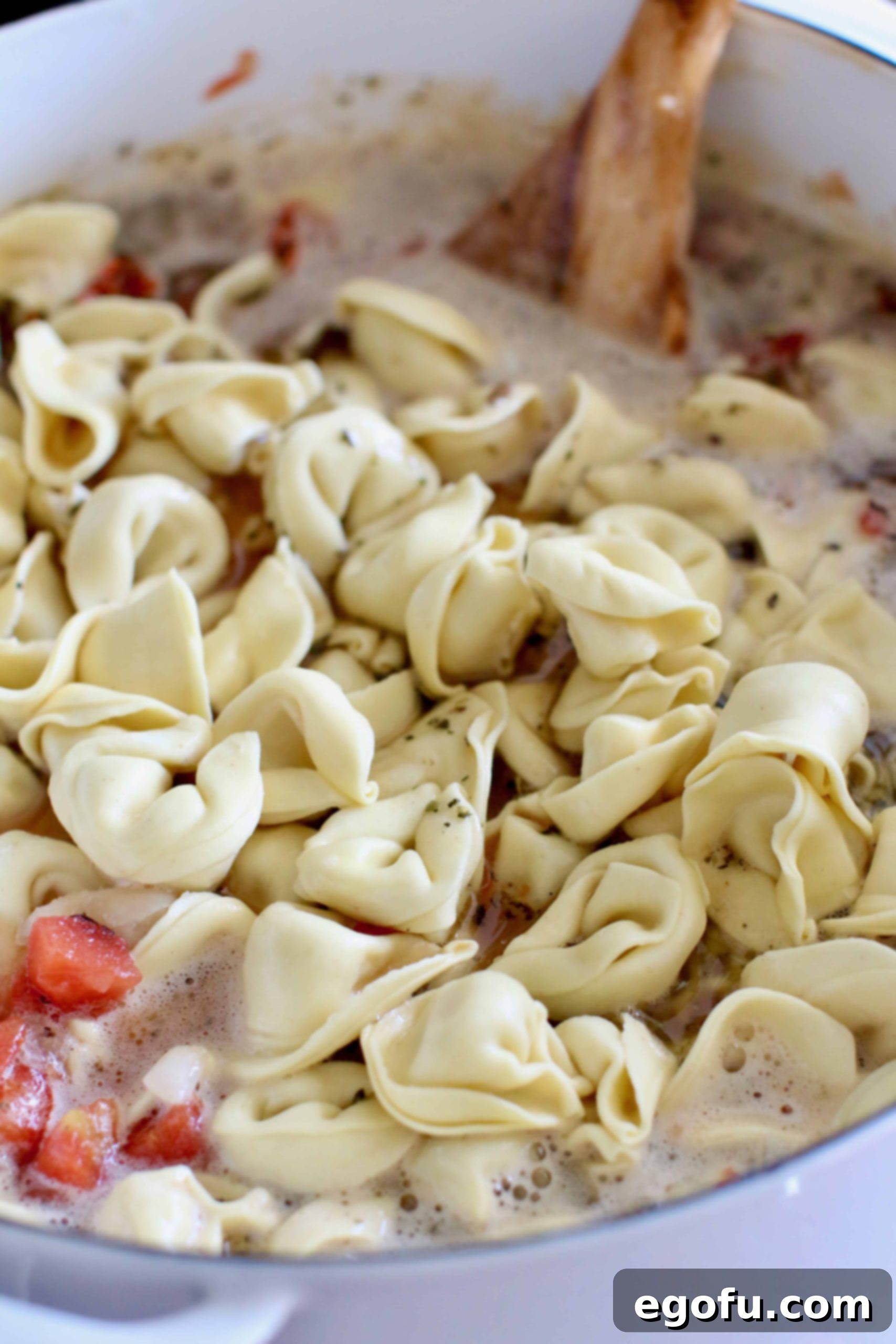 cheese tortellini added to soup.