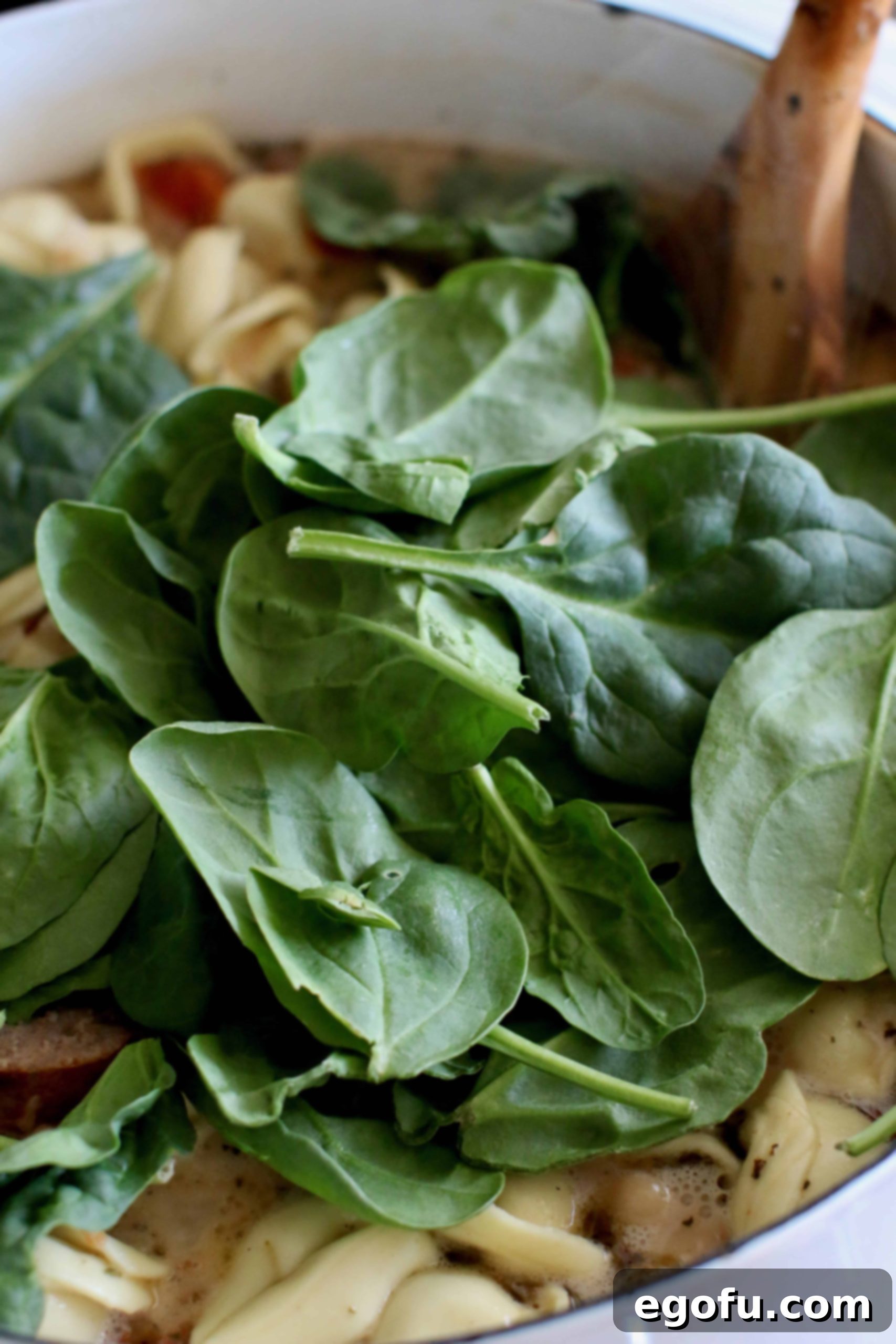 baby spinach added to Tuscan soup.