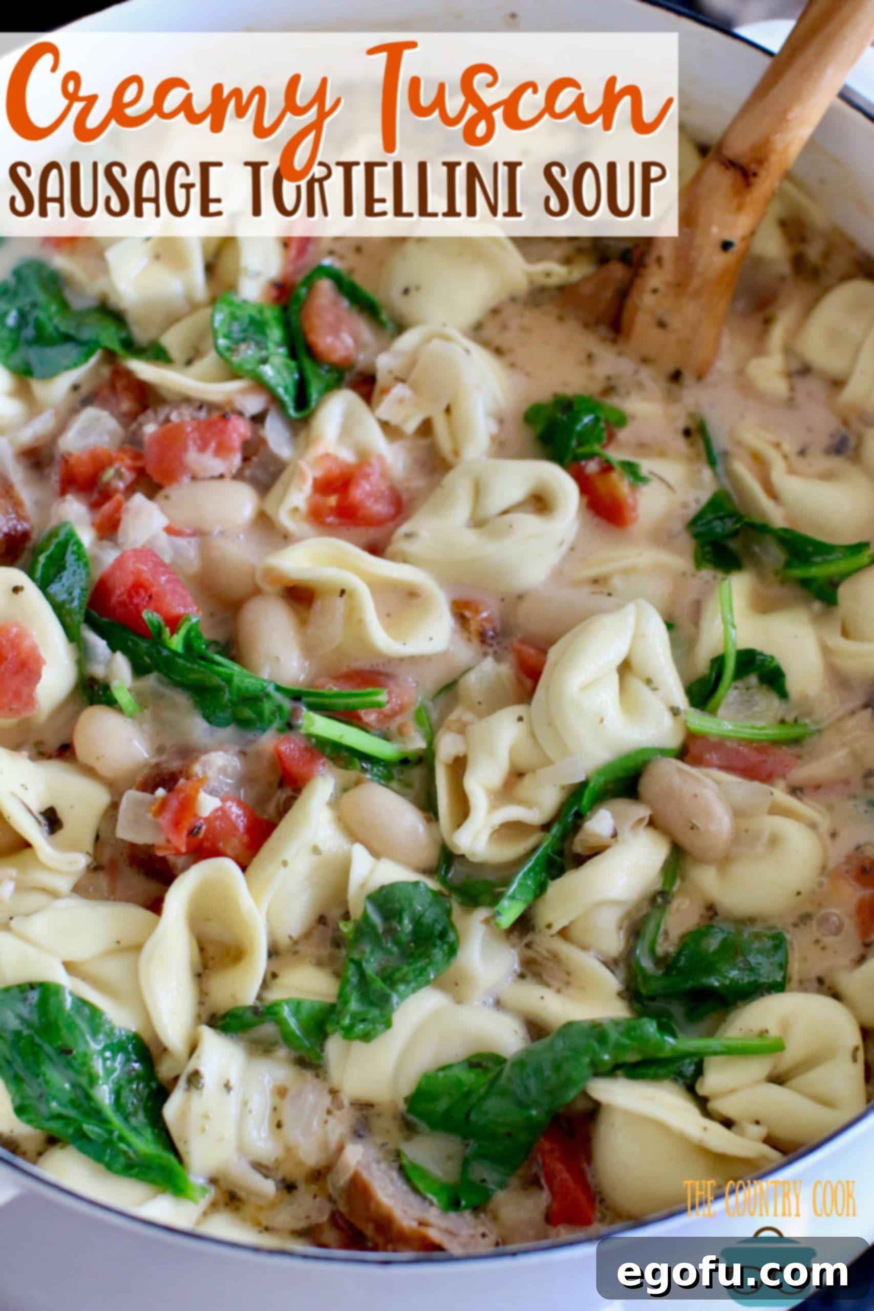 Creamy Tuscan Sausage Tortellini Soup recipe from The Country Cook shown overhead in a white large pot.
