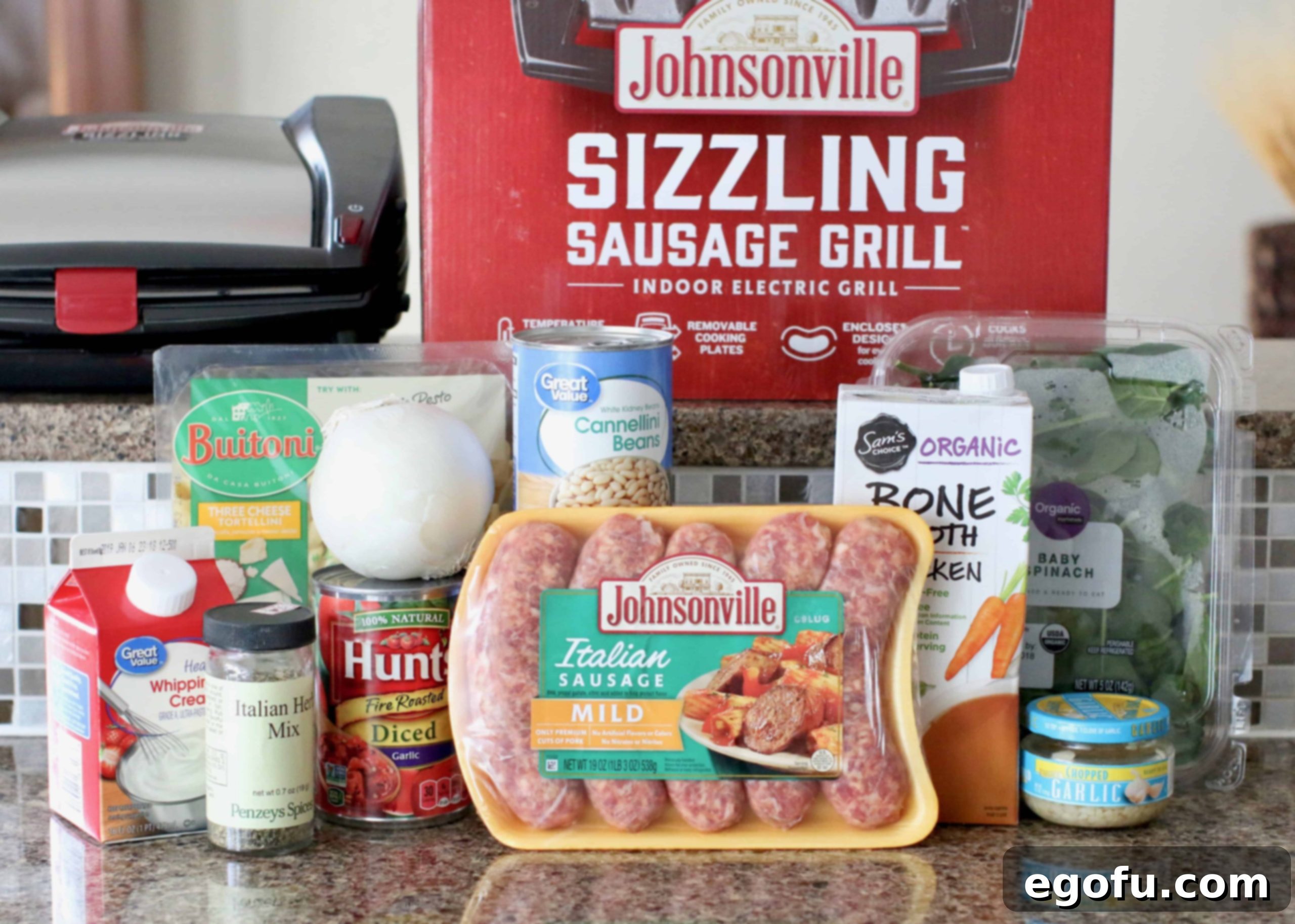 Italian sausage, fire roasted tomatoes, baby spinach, cheese tortellini, onion, garlic, chicken stock, Italian seasoning, cannellini beans, heavy cream.