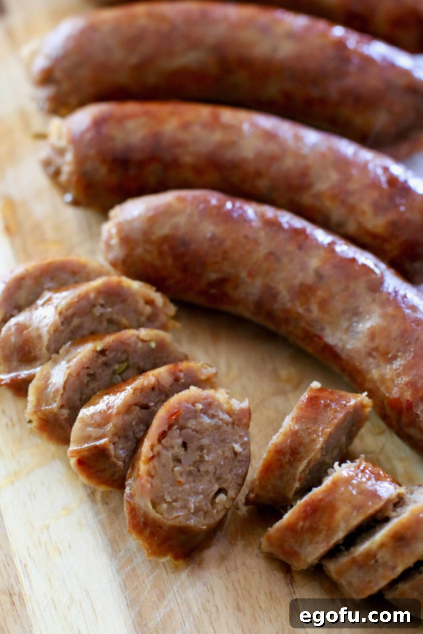 sliced, cooked Johnsonville Mild Italian Sausages on a wooden cutting board.