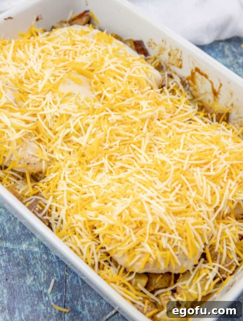 Loaded Cheesy Bacon Chicken and Roasted Potatoes 10 shredded cheddar cheese on chicken and potatoes in a casserole dish.