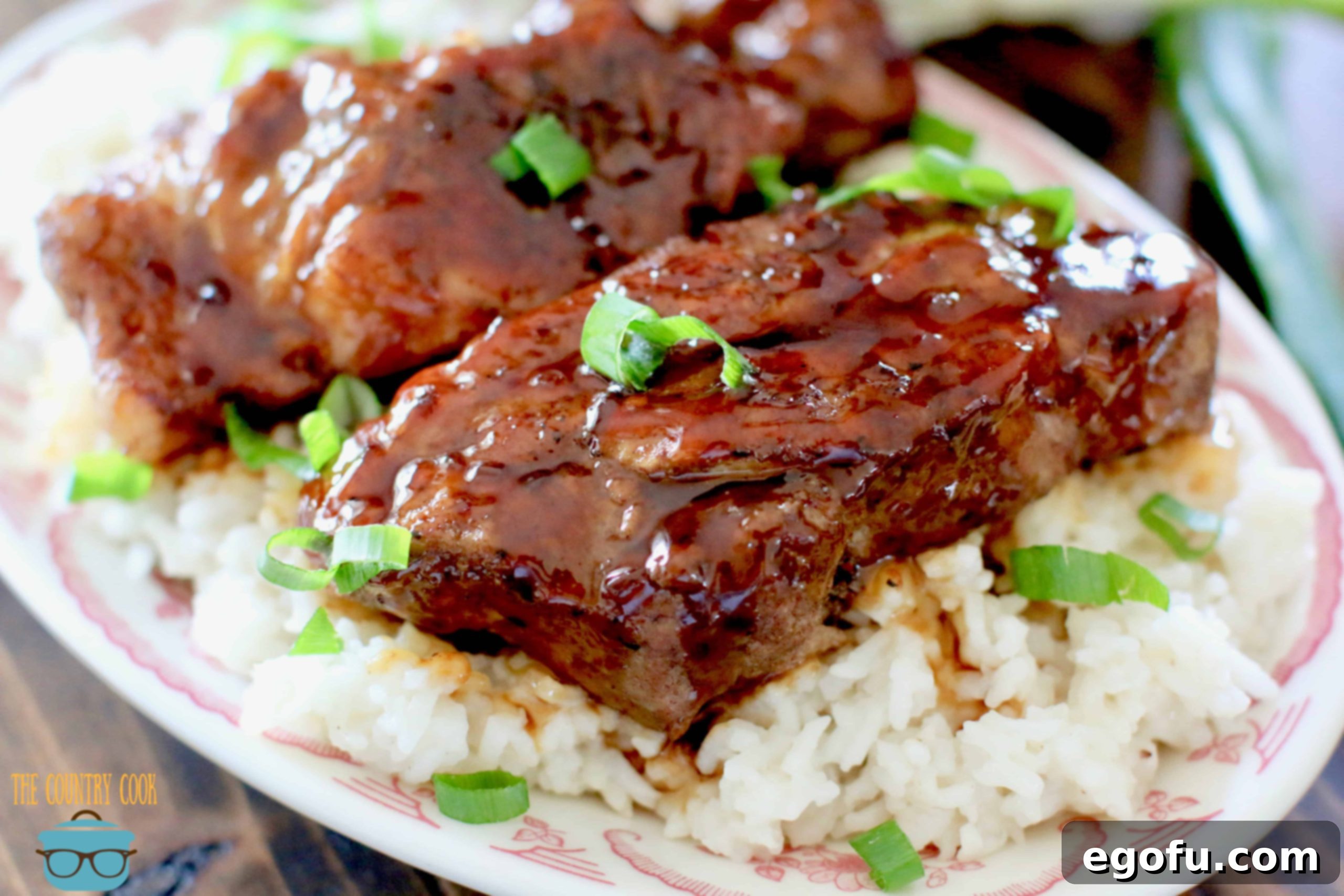 Instant Pot Tender Korean BBQ Country Ribs 2 Pressure Cooker Korean BBQ Country Style Ribs with white rice on an oval plate.