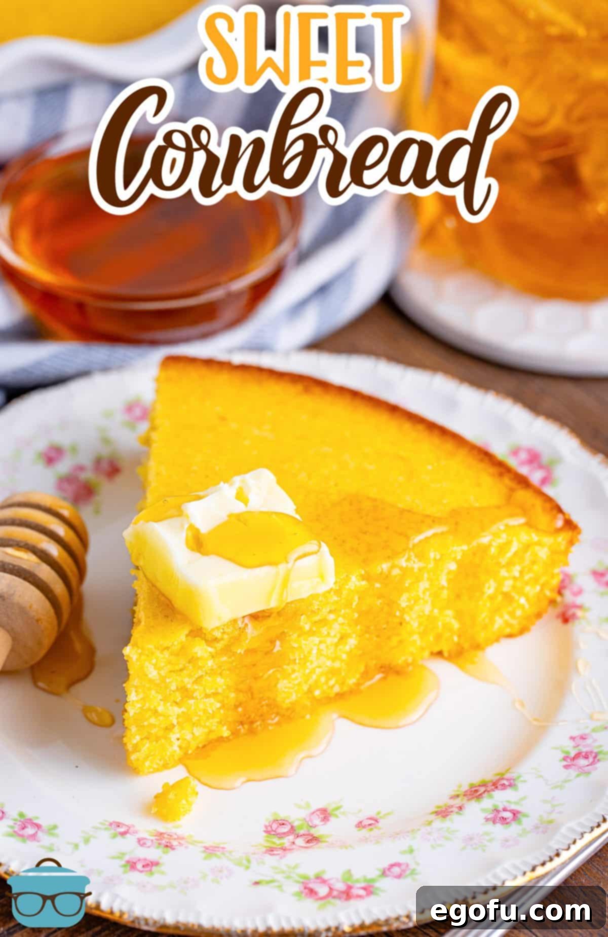 A slice of Sweet Cornbread on a small plate. 