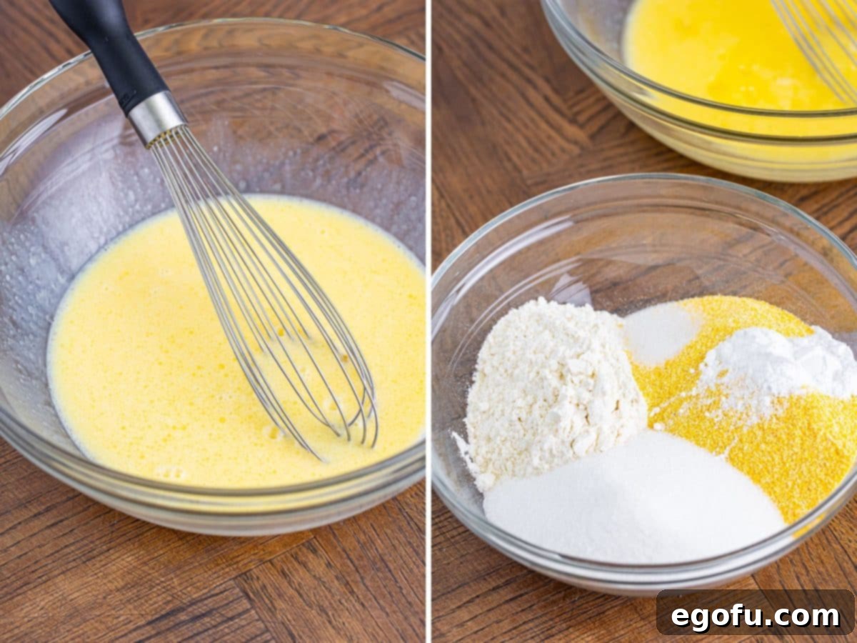 A mixing bowl with the wet ingredients mixed together for Sweet Cornbread and another bowl with the dry ingredients needed to make Sweet Cornbread.